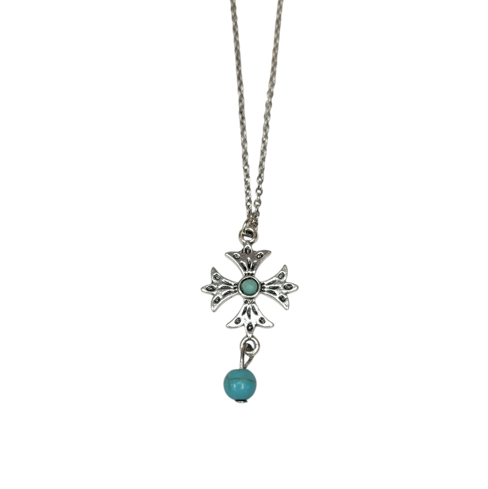 Justin Silver Cross Pendant Necklace with Turquoise Accent NWT